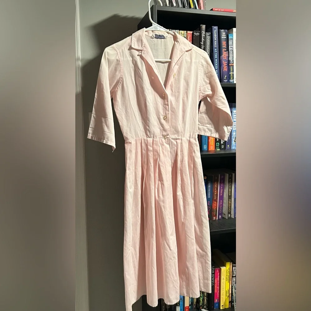 Pink Vintage A-Line Tea Length Collared Button Up Dress with Gray Ribbon Belt - Picture 2 of 8